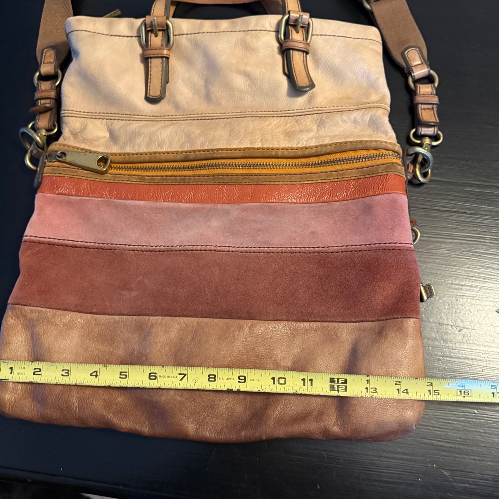 Fossil Multicolor Striped Leather Suede Foldover Crossbody Tote Bag Brown Mauve - Picture 6 of 12